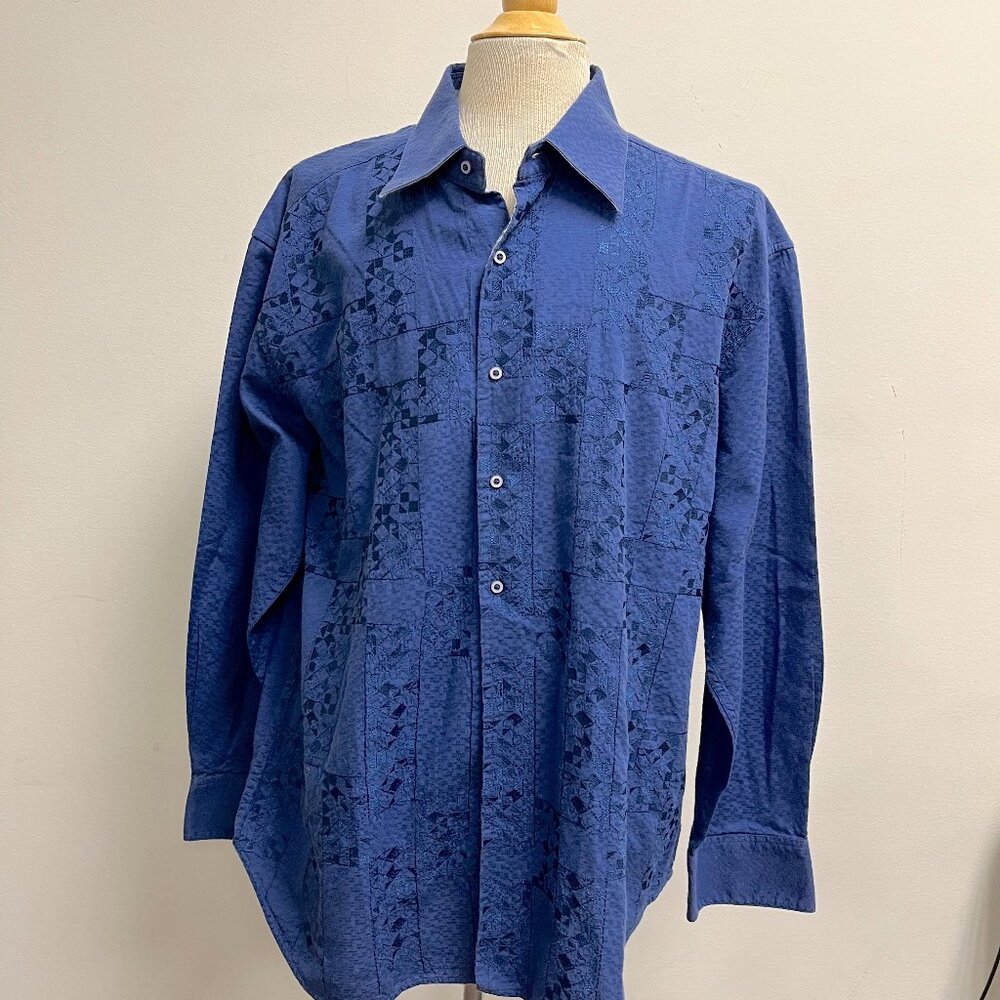 Robert Graham blue solid textured embroidered cotton shirt reverse cuff 3xl